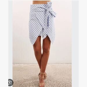 Womens Blue White Stripe Mini Wrap Skirt Small Asymmetric Tie Waist Nautical